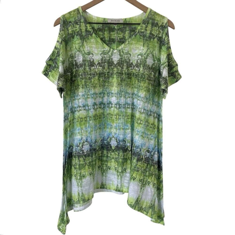 Jess & Jane Womens Tie Dye Tunic Top L Artsy Rhinestone Shark Bite Green Blouse